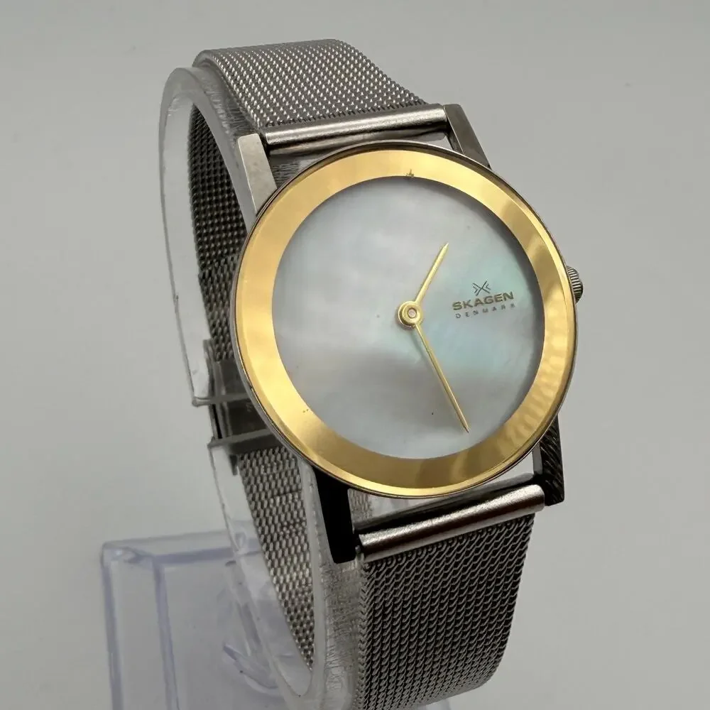 Vintage Skagen 396GSW Gold-Tone MOP Dial Mesh Watch Working New Battery